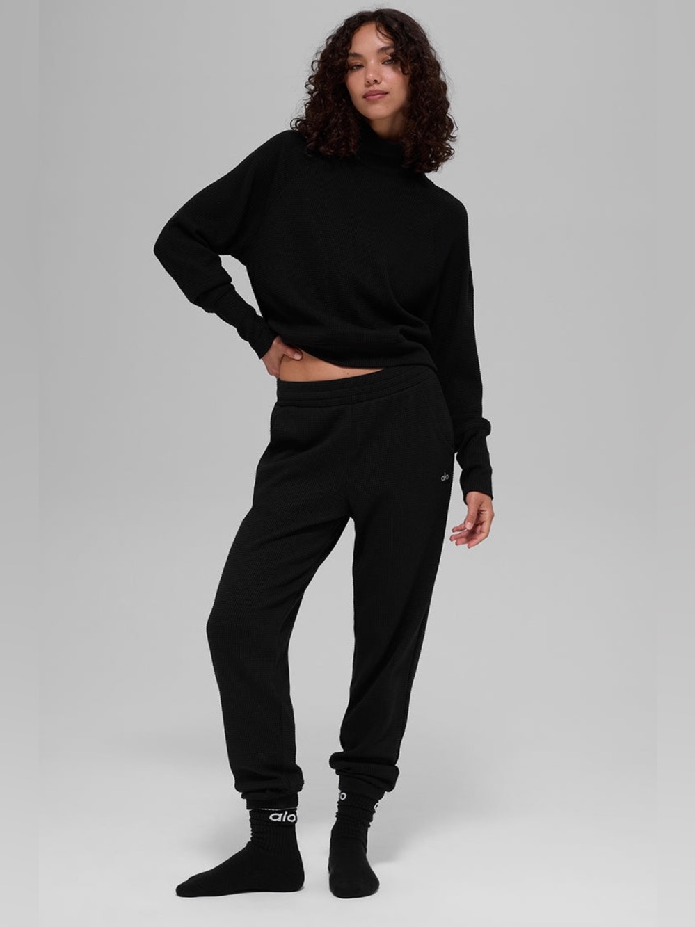 ALO Yoga Waffle Weekend Escape Mock Neck Long Sleeve Sweatshirt and Joggers